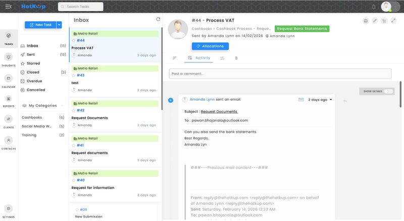 HotKup inbox and tasks view